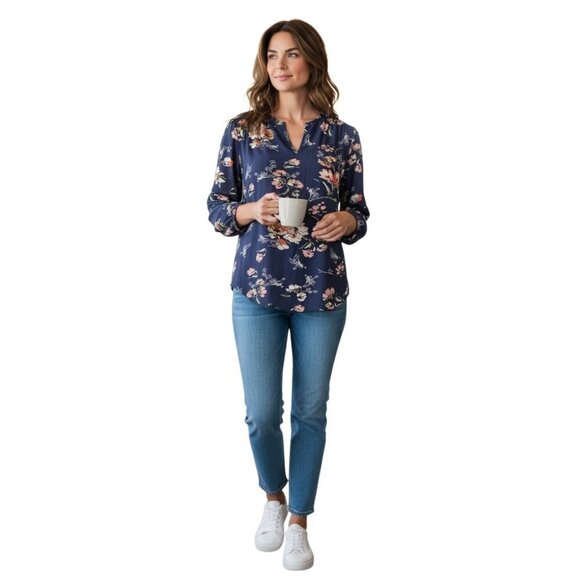 Fun2Fun Tops - Fun2Fun Womens Floral Blouse~Size Small~Navy 3/4 Sleeve Top~NWOT~L12 10